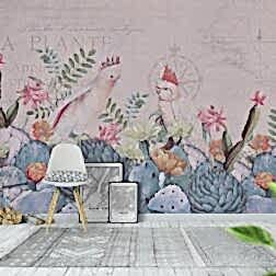 Tropikal Yapraklı ve Büyük Pembe Papağanlı Duvar Kağıdı 5 DK1009 5