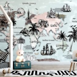 Ağaç ve Gemi Desenli Dünya Haritası Duvar Kağıdı 8 DK1148