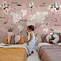 Hayvan Motifli Arka Plan Pembe Dünya Haritası Duvar Kağıdı 3 DK1149