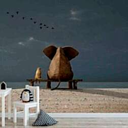 Tahta Oturakta Oturan Yavru Fil Köpek ve Kuşlar Duvar Kağıdı 2 AN8014