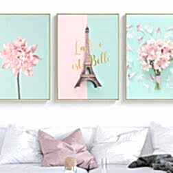Eyfel Kulesi ve Pembe Çiçekler Kanvas Tablo 3 KT0068