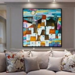 Renkli Pastel Boya Çizim Köy Evleri Kanvas Tablo 6 KT0175