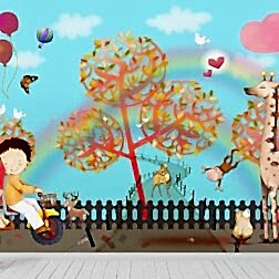 Bisiklet Süren Çocuklar Eğlenen Hayvanlar Duvar Kağıdı 2 BHK2011