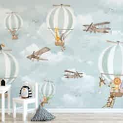 Mavi Gökyüzü Sıcak Hava Balonlarında Eğlenen Hayvanlar Duvar Kağıdı 7 DK0926