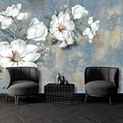 Mavi Arka Plan Eskitme Stil Beyaz Çiçekler Duvar Kağıdı 10 DK0956