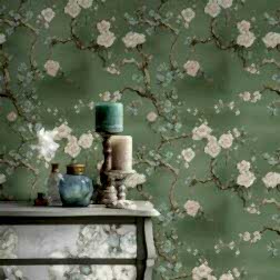 Çin Çiçek Duvar Kağıdı Yeşil Arka Plan Çiçeği ve Dal Tasarımı Kabuğu ve Çubuk Rulo Duvar Posteri
