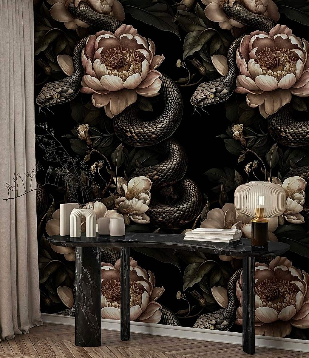 1730367028195_1d15d59d890482c4b8cfc318fdf4910a_1_1724682843.jpg Çiçek ve Yılan Motifli Koyu Botanik Duvar Kağıdı