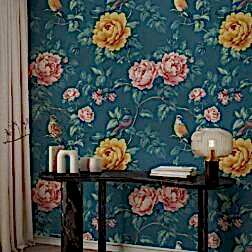 Mavi Çiçek ve Kuş Duvar Kağıdı