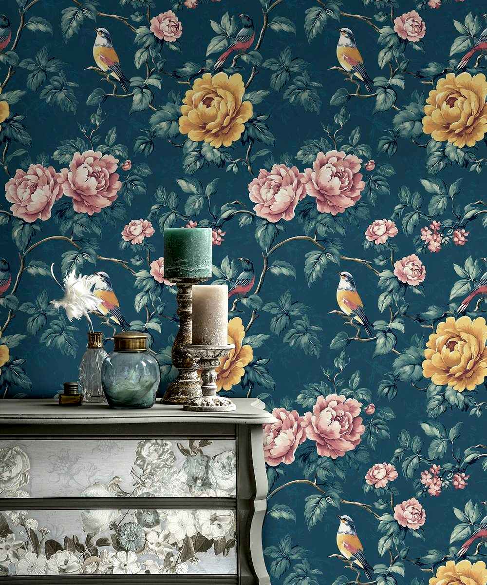 1730366998035_8ffe60bc6554f46576493b8fd5056f3d_1_1724058043.jpg Mavi Çiçek ve Kuş Duvar Kağıdı
