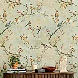Chino Çiçek Duvar Kağıdı Yumuşak Pastel Duvar Posteri, Narin Dallar ve Çiçekler Vintage Duvar Kağıdı