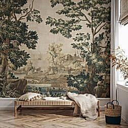 Vintage Manzara Duvar Kağıdı Ağaçlar, Kuşlar ve Huzurlu Açık Hava Sahnesi Duvar Posteri