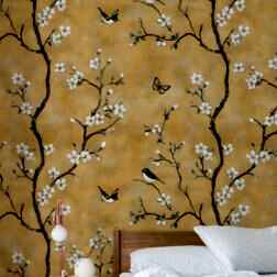 Gold Çin Tarzı Duvar Kağıdı Çiçek ve Kuşlar Duvar Posteri