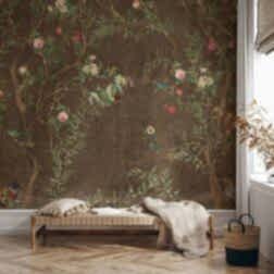 Chinoiserie Kuş ve Çiçek Desenli Kahverengi Zeminli Duvar Kağıdı