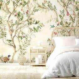Chinoiserie Kuş ve Çiçek Desenli Bej Zeminli Duvar Kağıdı