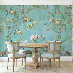 Chinoiserie Kuş ve Çiçek Desenli Turkuaz Zeminli Duvar Kağıdı